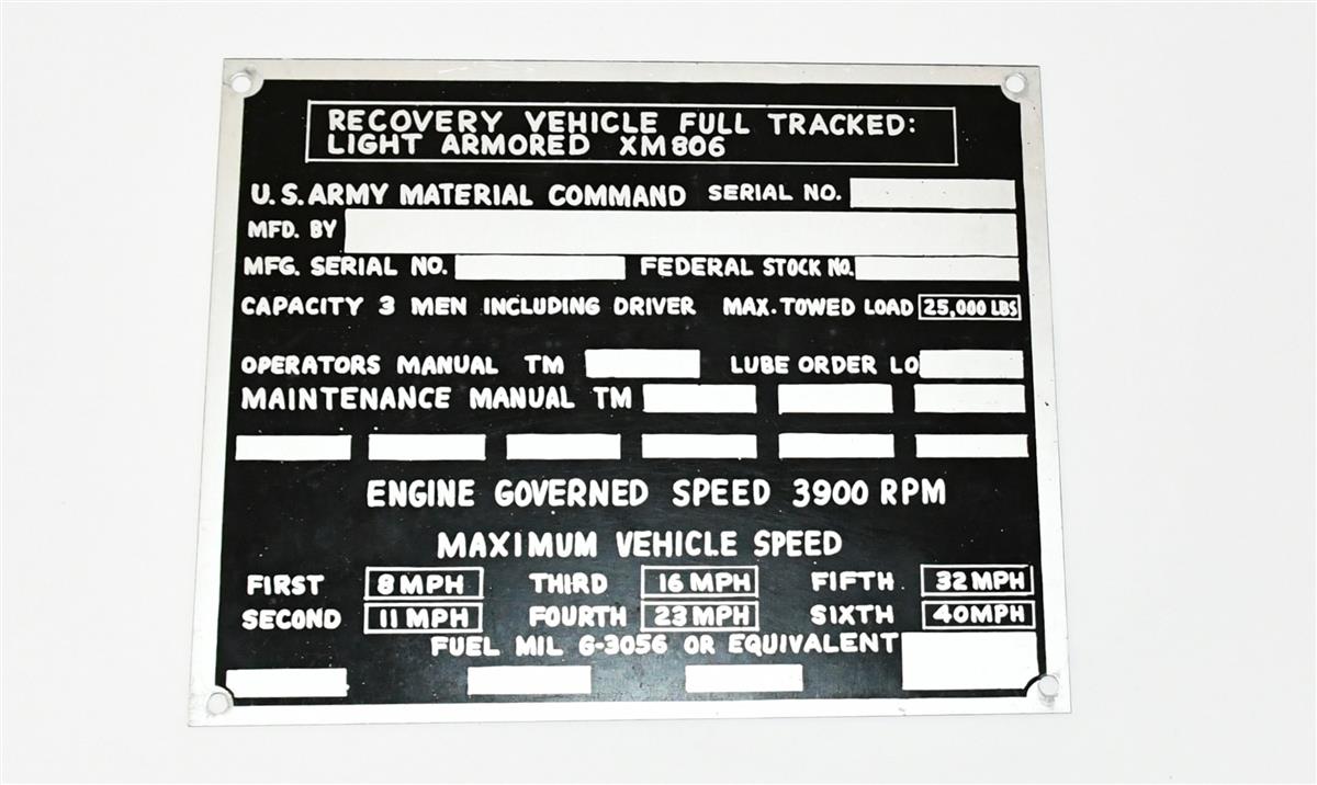 Data Plate Tag XM806 Light Armored Recovery Vehicle Full Tracked